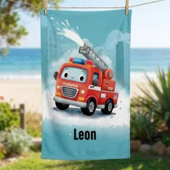 Handtuch mit Feuerwehr Motiv und Name personalisiert für Jungen | Badetuch als Geschenk für Kinder