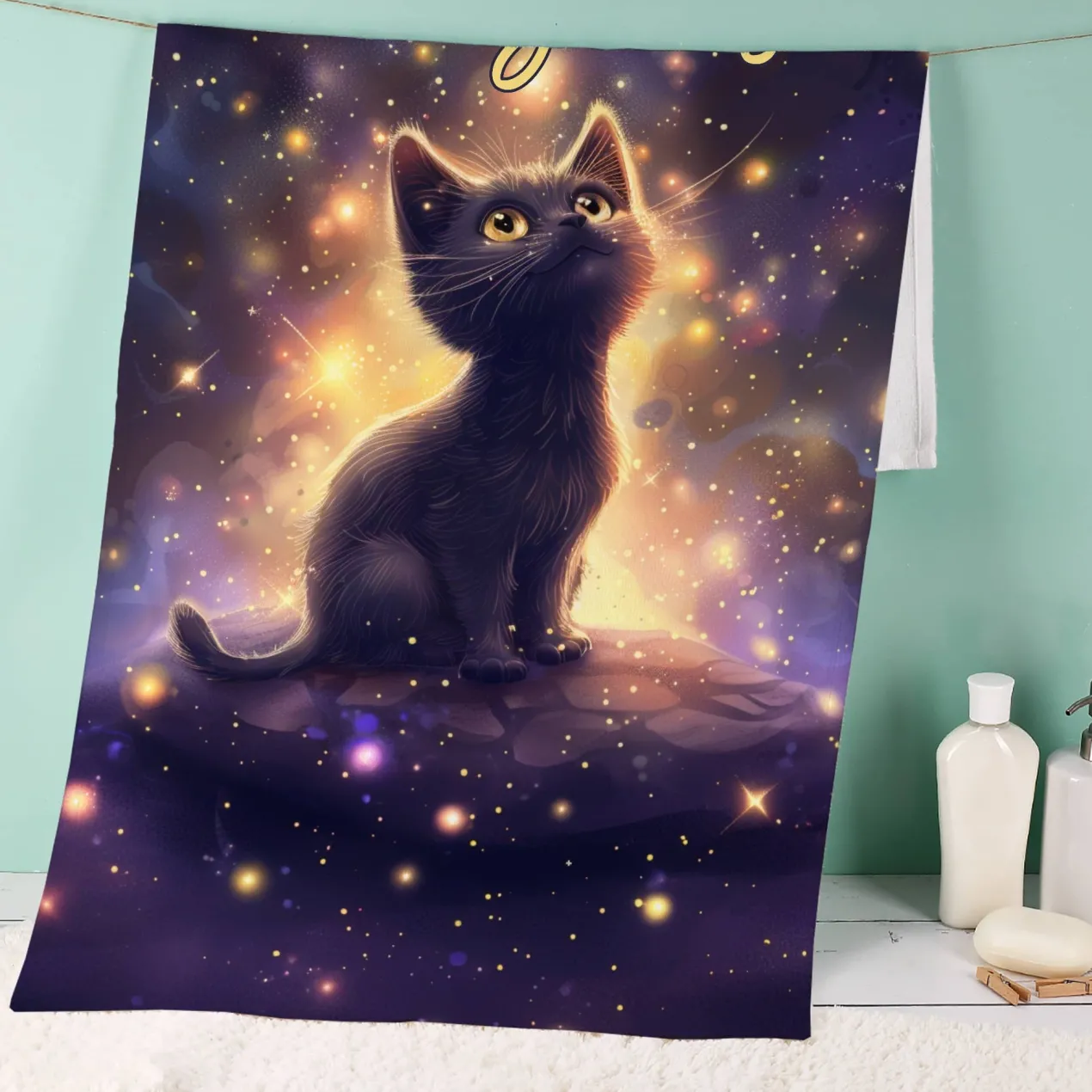 Handtuch mit magischem Katzenmotiv in 3 Größen mit Wunschname bedruckt