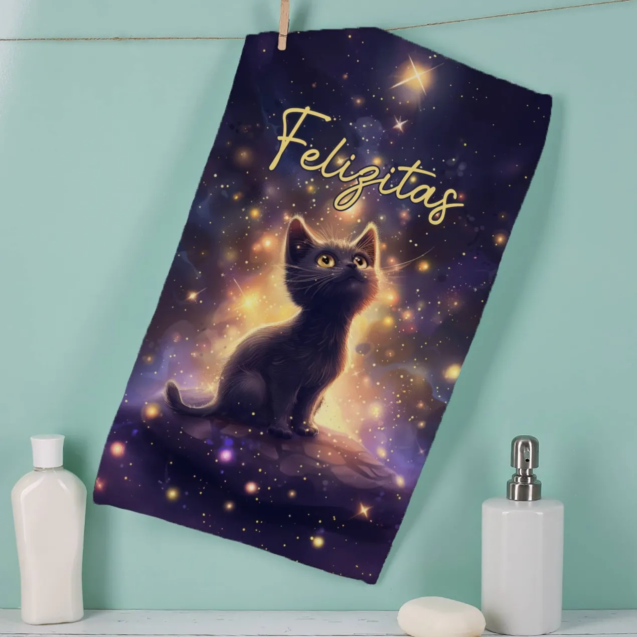 Handtuch mit magischem Katzenmotiv in 3 Größen mit Wunschname bedruckt