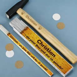 Handwerker Geschenkset für Männer mit Biermotiv - Box, Zollstock, Bleistift und Hammer