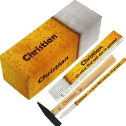 Handwerker Geschenkset für Männer mit Biermotiv - Box, Zollstock, Bleistift und Hammer