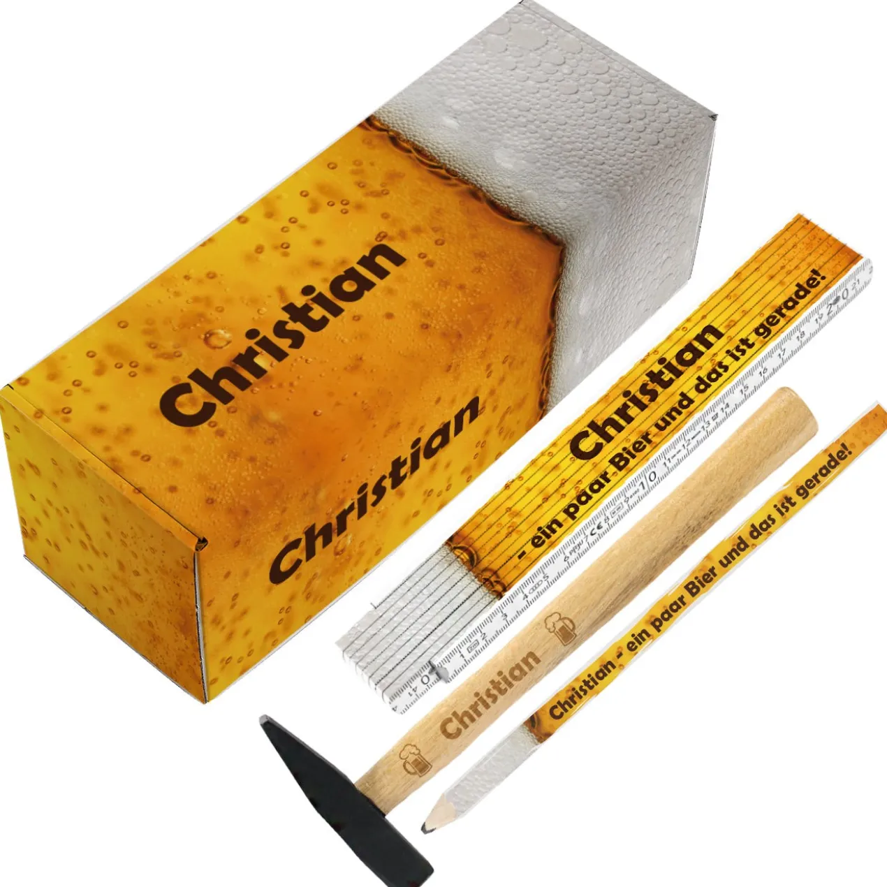 Handwerker Geschenkset für Männer mit Biermotiv - Box, Zollstock, Bleistift und Hammer