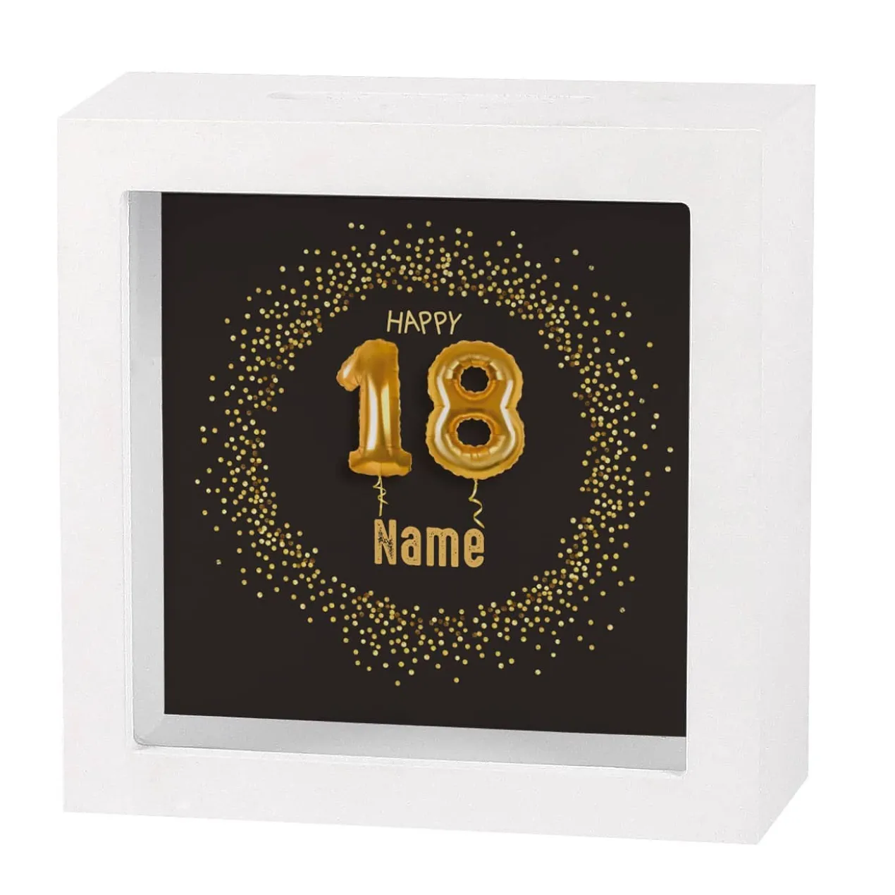Happy 18 - Bilderrahmen-Spardose zum Geburtstag mit Name, 15x15cm
