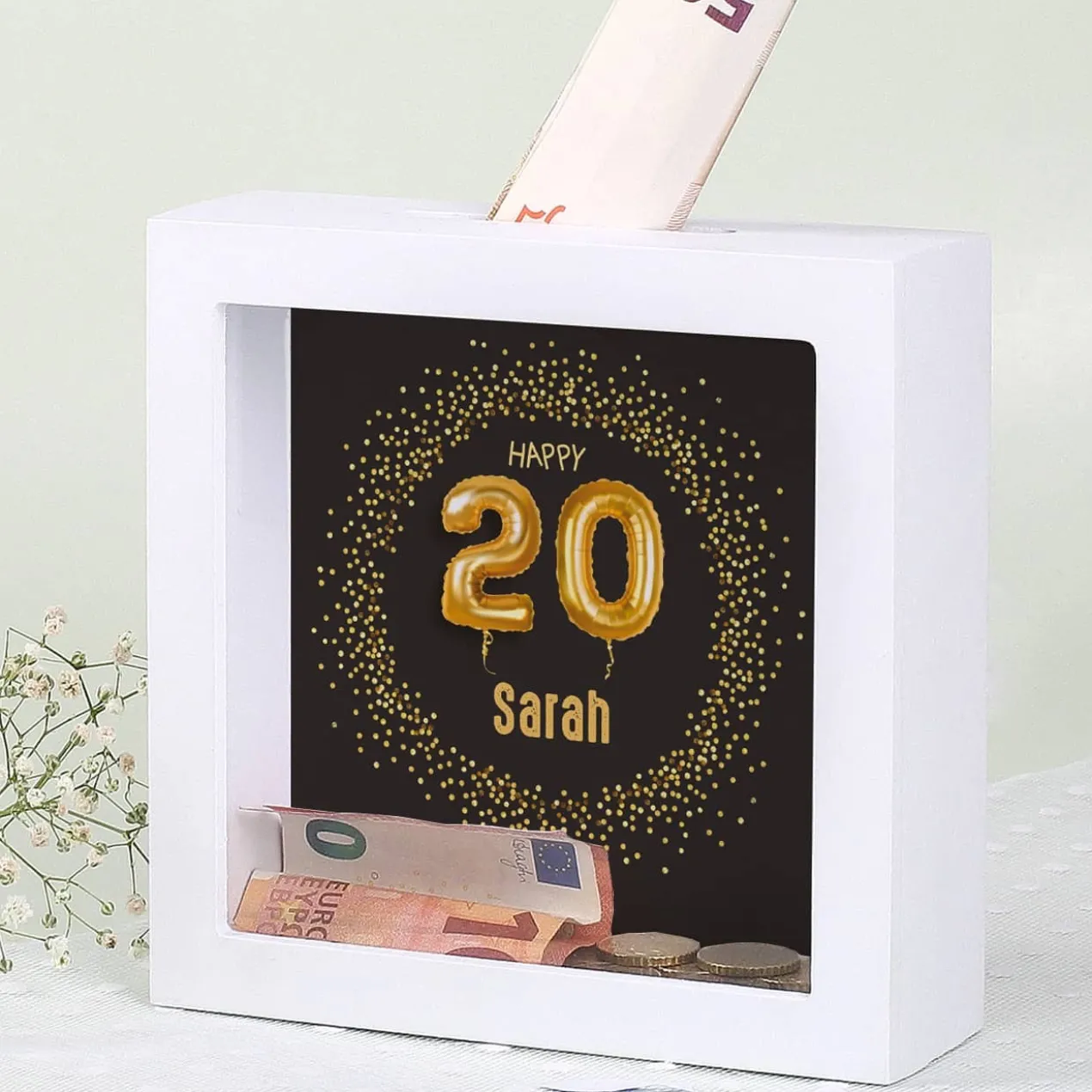 Happy 20 - Bilderrahmen-Spardose zum Geburtstag mit Name, 15x15cm