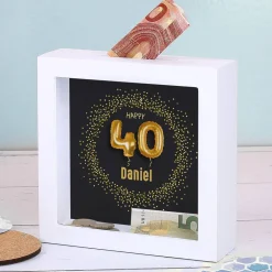 Happy 40 - Bilderrahmenspardose zum 40. Geburtstag mit Name, 15x15cm
