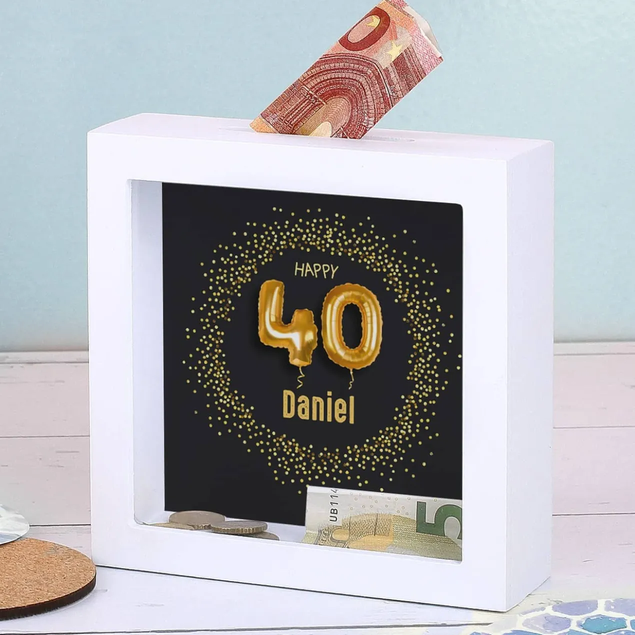 Happy 40 - Bilderrahmenspardose zum 40. Geburtstag mit Name, 15x15cm