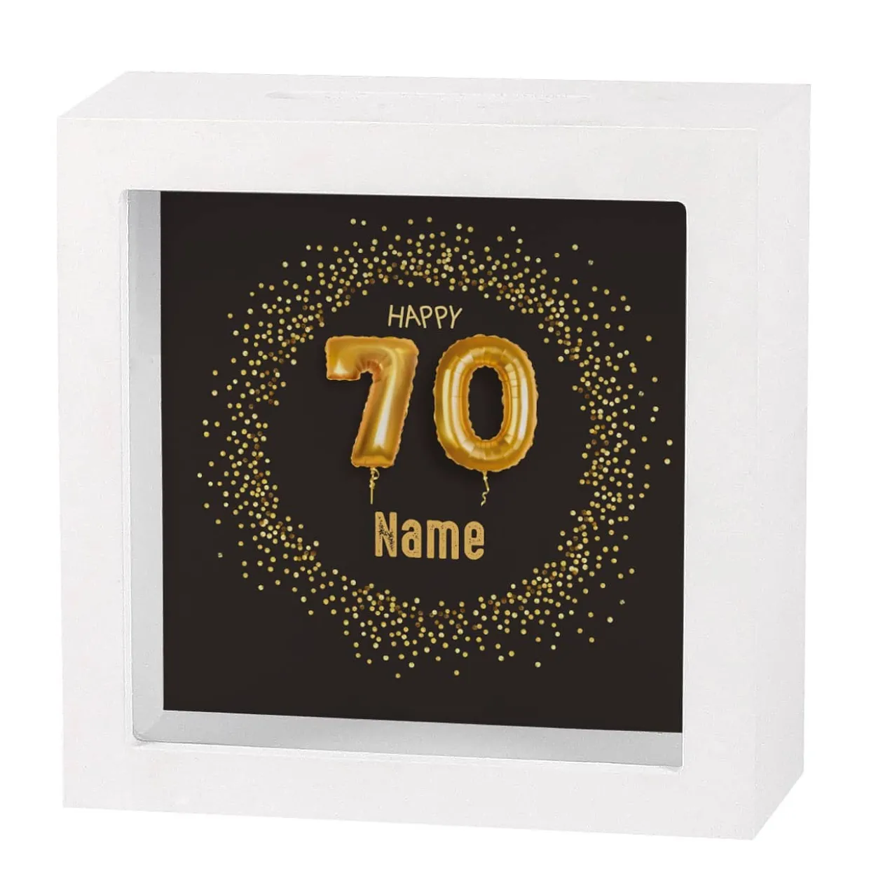 Happy 70 - Bilderrahmen Spardose zum 70. Geburtstag mit Name, 15x15cm