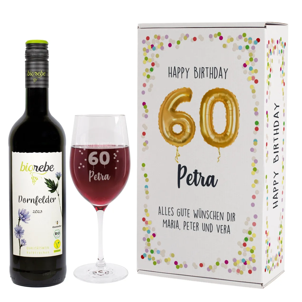 Happy Birthday 60 - Biorebe Geschenkset mit Weinglas in Geschenkbox | Nachhaltiger Wein