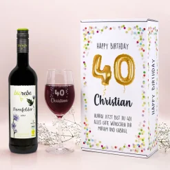 Happy Birthday 40 - Biorebe Wein und Weinglas in Geschenkbox | Bienenfreundlich, Vegan, Nachhaltig