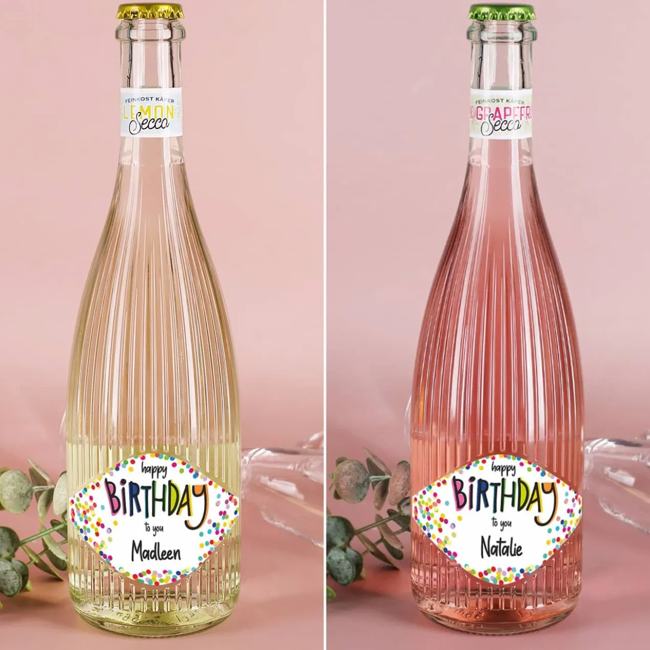 Happy Birthday - Fruchtsecco in zwei Sorten mit Ihrem Wunschnamen zum Geburtstag