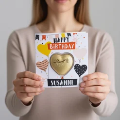 Happy Birthday - Geburtstagskarte mit Lindt-Schokoladenherz und Ihrem Wunschnamen