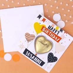 Happy Birthday - Geburtstagskarte mit Lindt-Schokoladenherz und Ihrem Wunschnamen