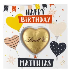 Happy Birthday - Geburtstagskarte mit Lindt-Schokoladenherz und Ihrem Wunschnamen