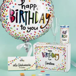 Happy Birthday Geschenkset aus Secco, Glas, Schokolade und Folienballon