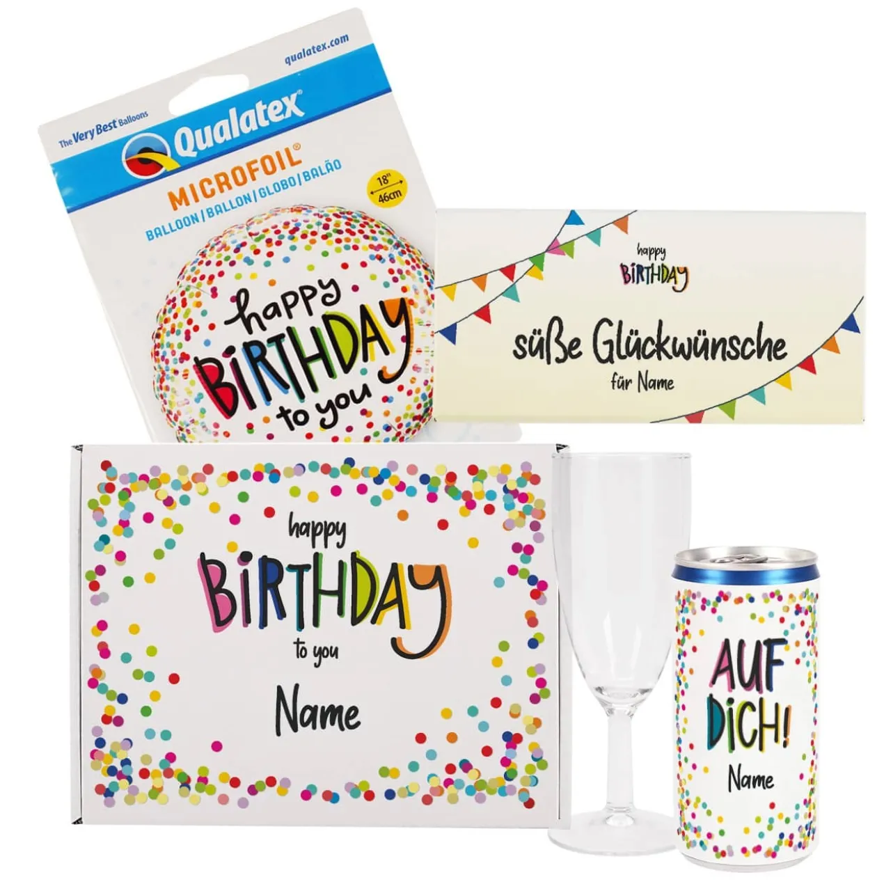 Happy Birthday Geschenkset aus Secco, Glas, Schokolade und Folienballon