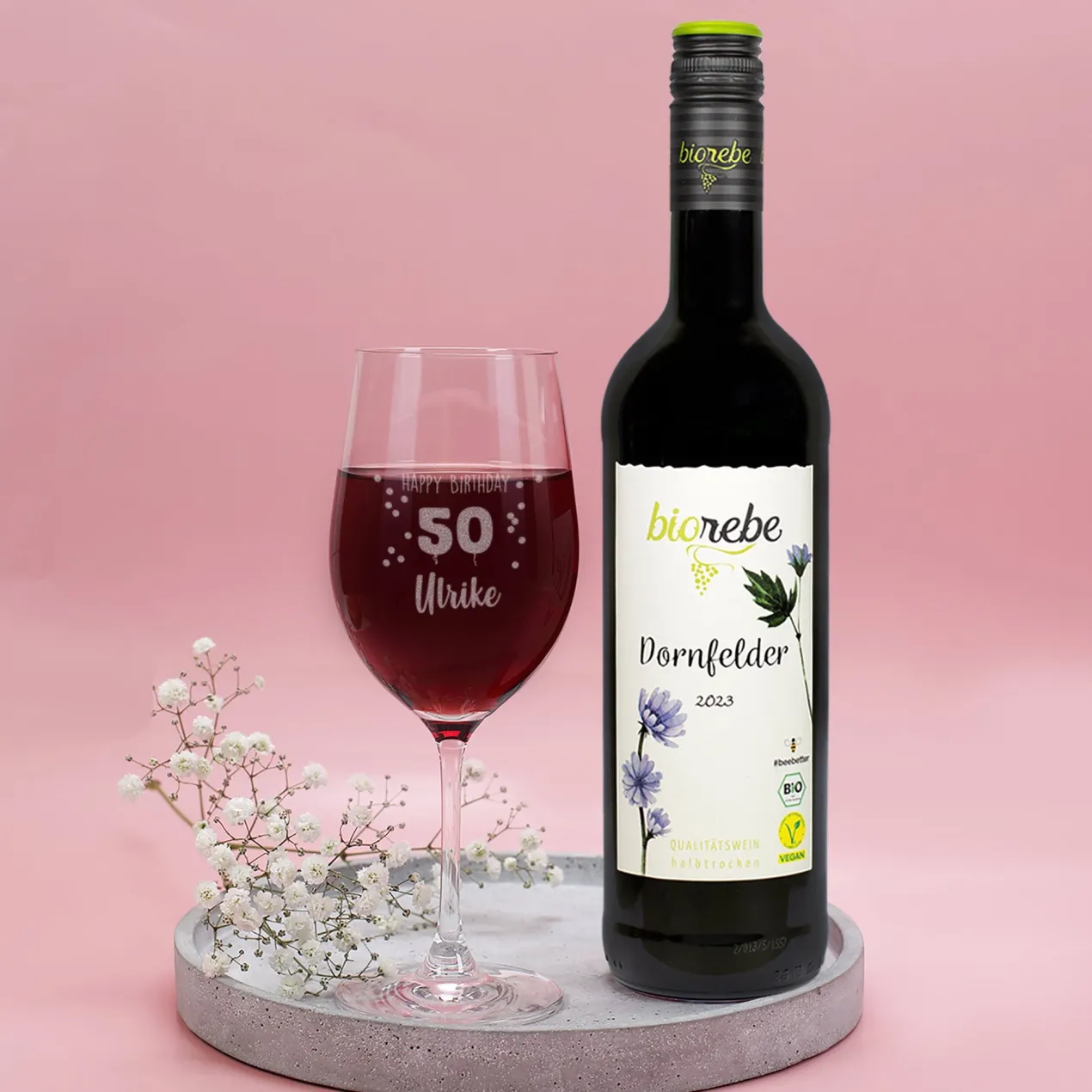 Happy Birthday 50 - Geschenkset mit Biorebe Wein und Weinglas in Geschenkbox
