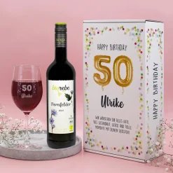 Happy Birthday 50 - Geschenkset mit Biorebe Wein und Weinglas in Geschenkbox
