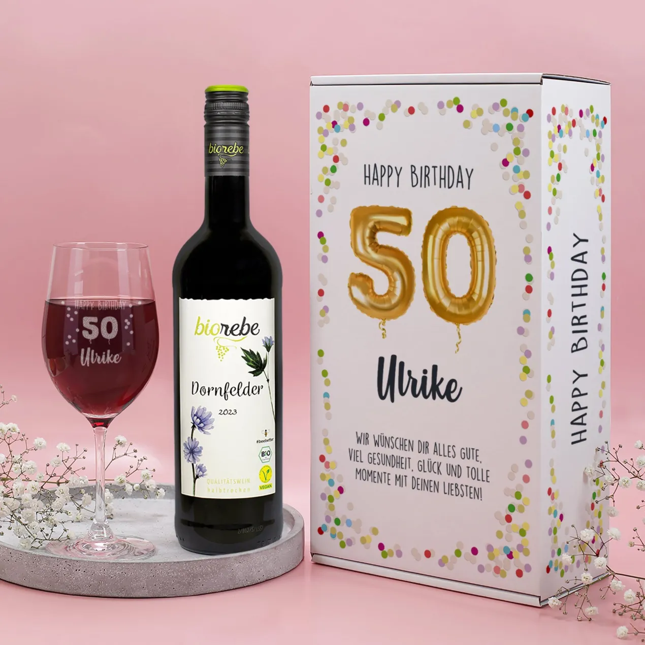 Happy Birthday 50 - Geschenkset mit Biorebe Wein und Weinglas in Geschenkbox