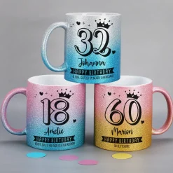 Happy Birthday - Glitzertasse mit Alter, Name & Wunschtext - 3 Farben zur Auswahl