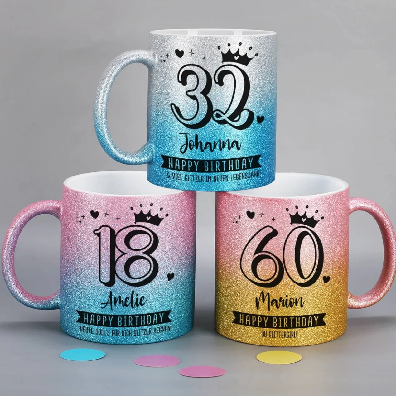 Happy Birthday - Glitzertasse mit Alter, Name & Wunschtext - 3 Farben zur Auswahl