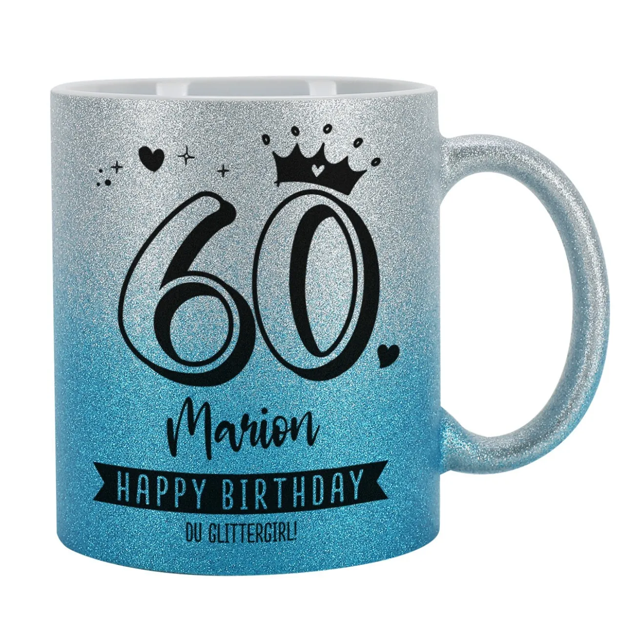 Happy Birthday - Glitzertasse mit Alter, Name & Wunschtext - 3 Farben zur Auswahl