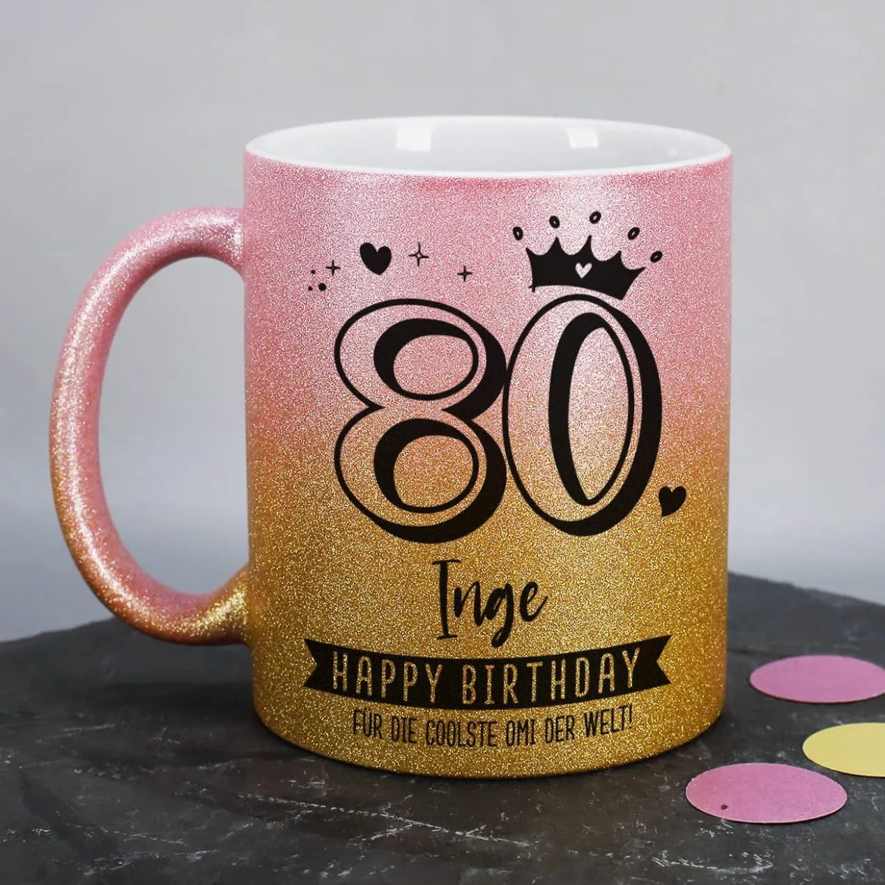 Happy Birthday - Glitzertasse mit Alter, Name & Wunschtext - 3 Farben zur Auswahl