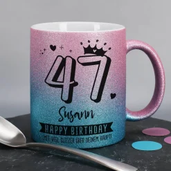 Happy Birthday - Glitzertasse mit Alter, Name & Wunschtext - 3 Farben zur Auswahl