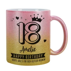 Happy Birthday - Glitzertasse mit Alter, Name & Wunschtext - 3 Farben zur Auswahl