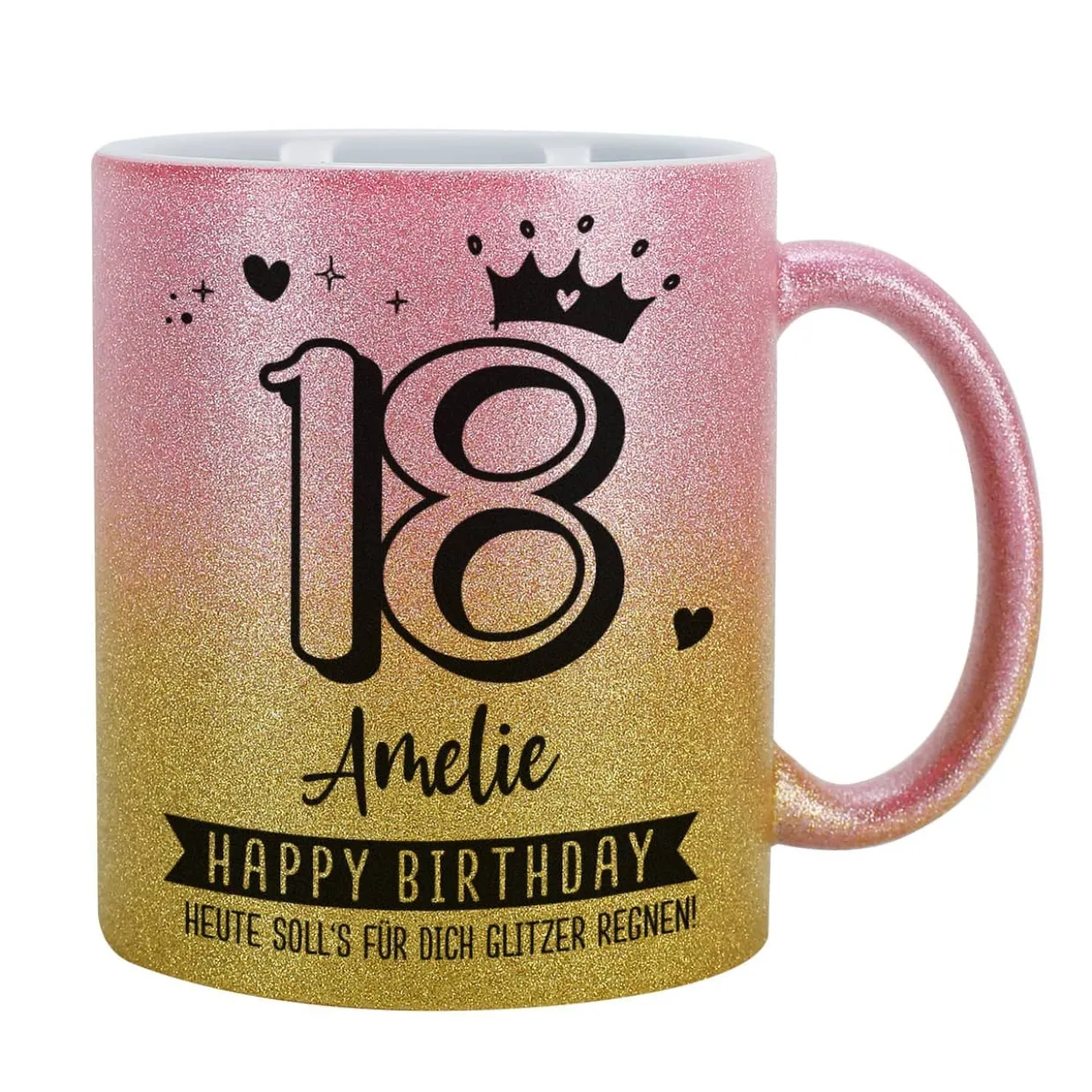 Happy Birthday - Glitzertasse mit Alter, Name & Wunschtext - 3 Farben zur Auswahl