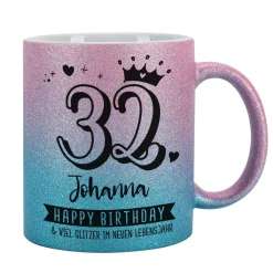 Happy Birthday - Glitzertasse mit Alter, Name & Wunschtext - 3 Farben zur Auswahl