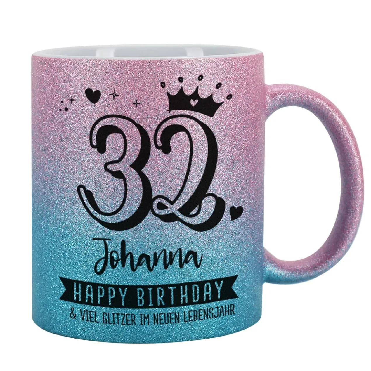 Happy Birthday - Glitzertasse mit Alter, Name & Wunschtext - 3 Farben zur Auswahl