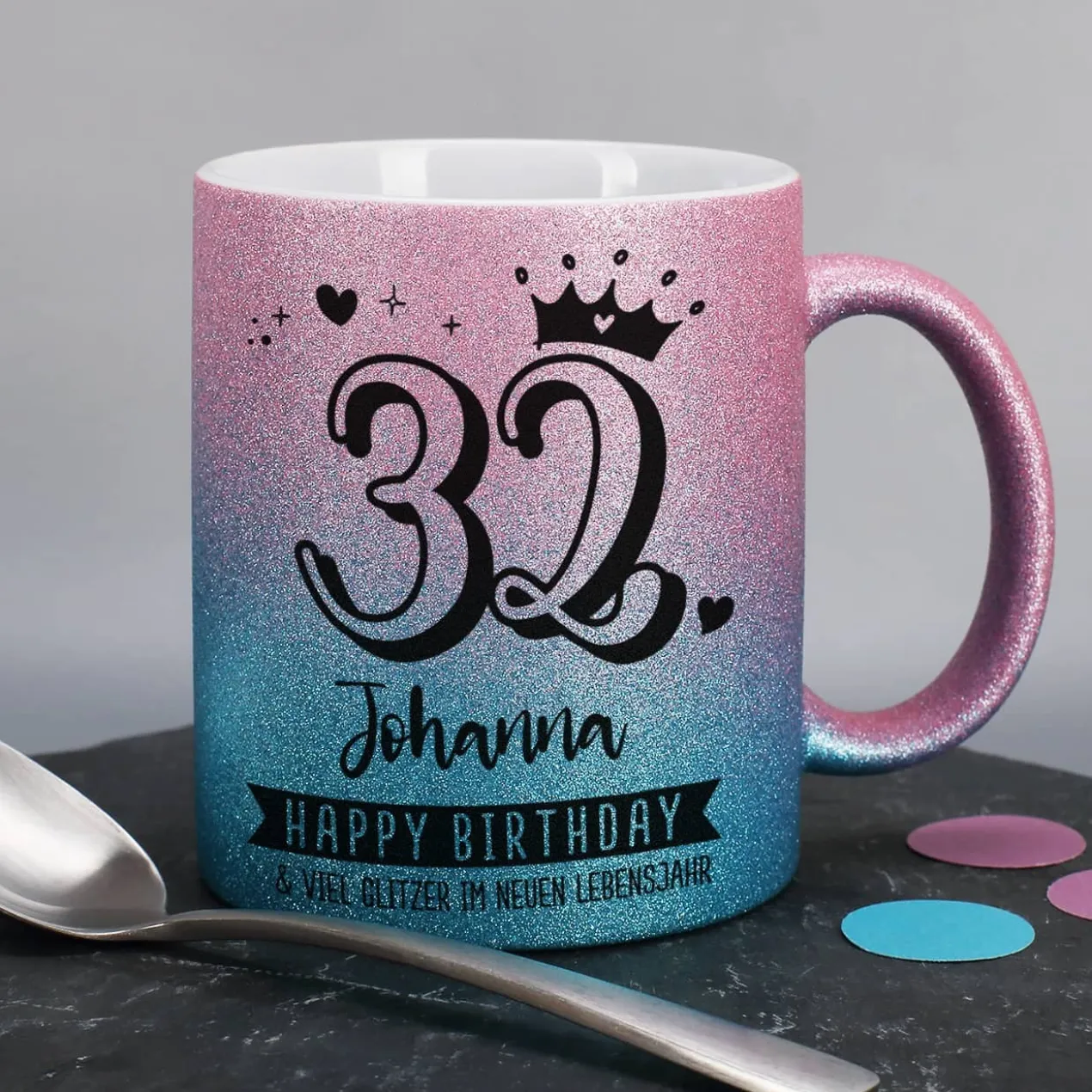Happy Birthday - Glitzertasse mit Alter, Name & Wunschtext - 3 Farben zur Auswahl