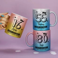 Happy Birthday - Glitzertasse mit Alter, Name & Wunschtext - 3 Farben zur Auswahl