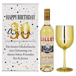 Happy Birthday - Lillet Präsent mit gravierten Weinglas und toller Geschenkverpackung