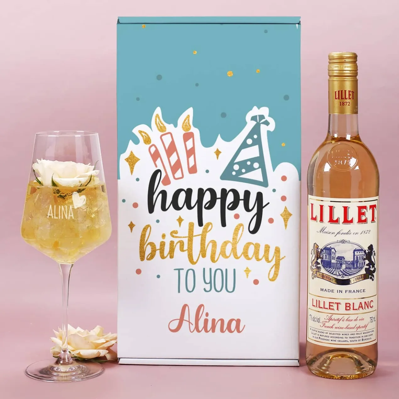 Happy Birthday to you - Lillet Geschenkset zum Geburtstag mit graviertem Weinglas