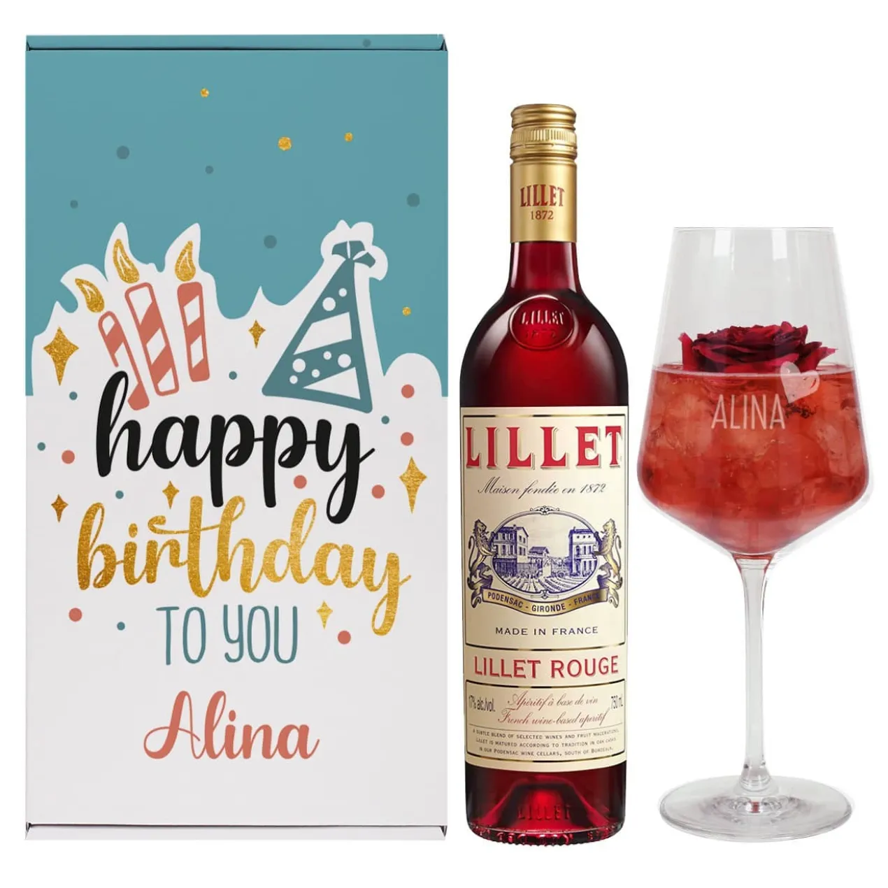 Happy Birthday to you - Lillet Geschenkset zum Geburtstag mit graviertem Weinglas