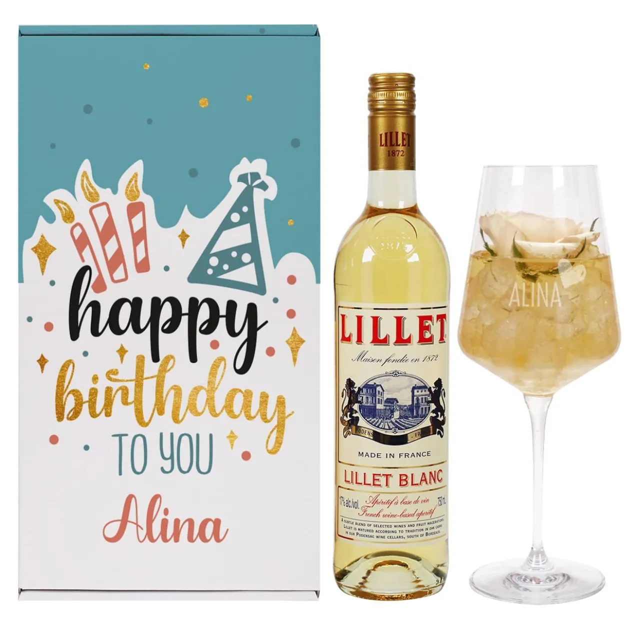 Happy Birthday to you - Lillet Geschenkset zum Geburtstag mit graviertem Weinglas