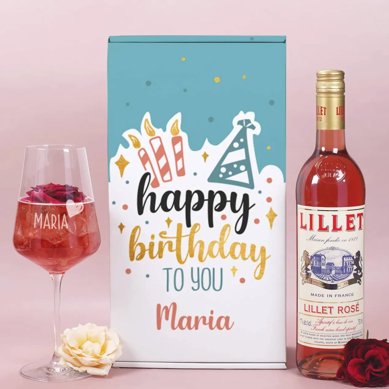 Happy Birthday to you - Lillet Geschenkset zum Geburtstag mit graviertem Weinglas