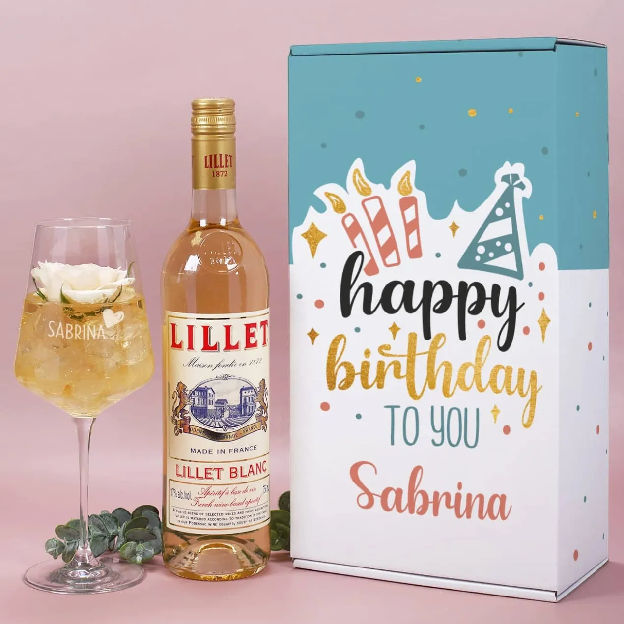 Happy Birthday to you - Lillet Geschenkset zum Geburtstag mit graviertem Weinglas