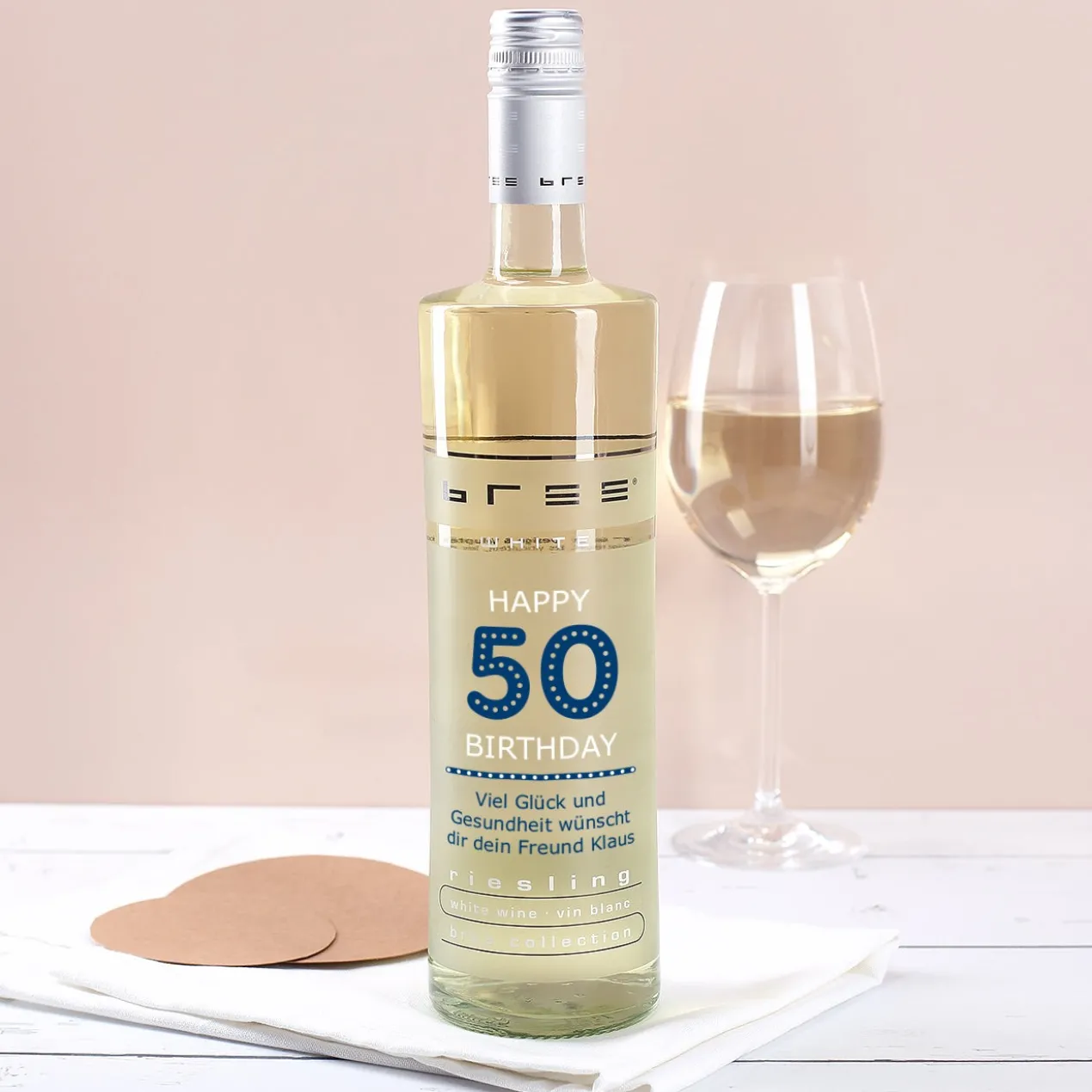 Happy Birthday 50 - Weißwein mit Glückwunschtext