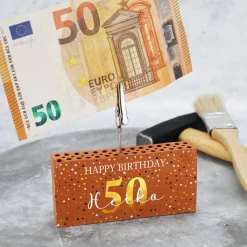 Happy Birthday - Ziegelstein Geldclip als Geschenk zum Geburtstag mit Name und Alter