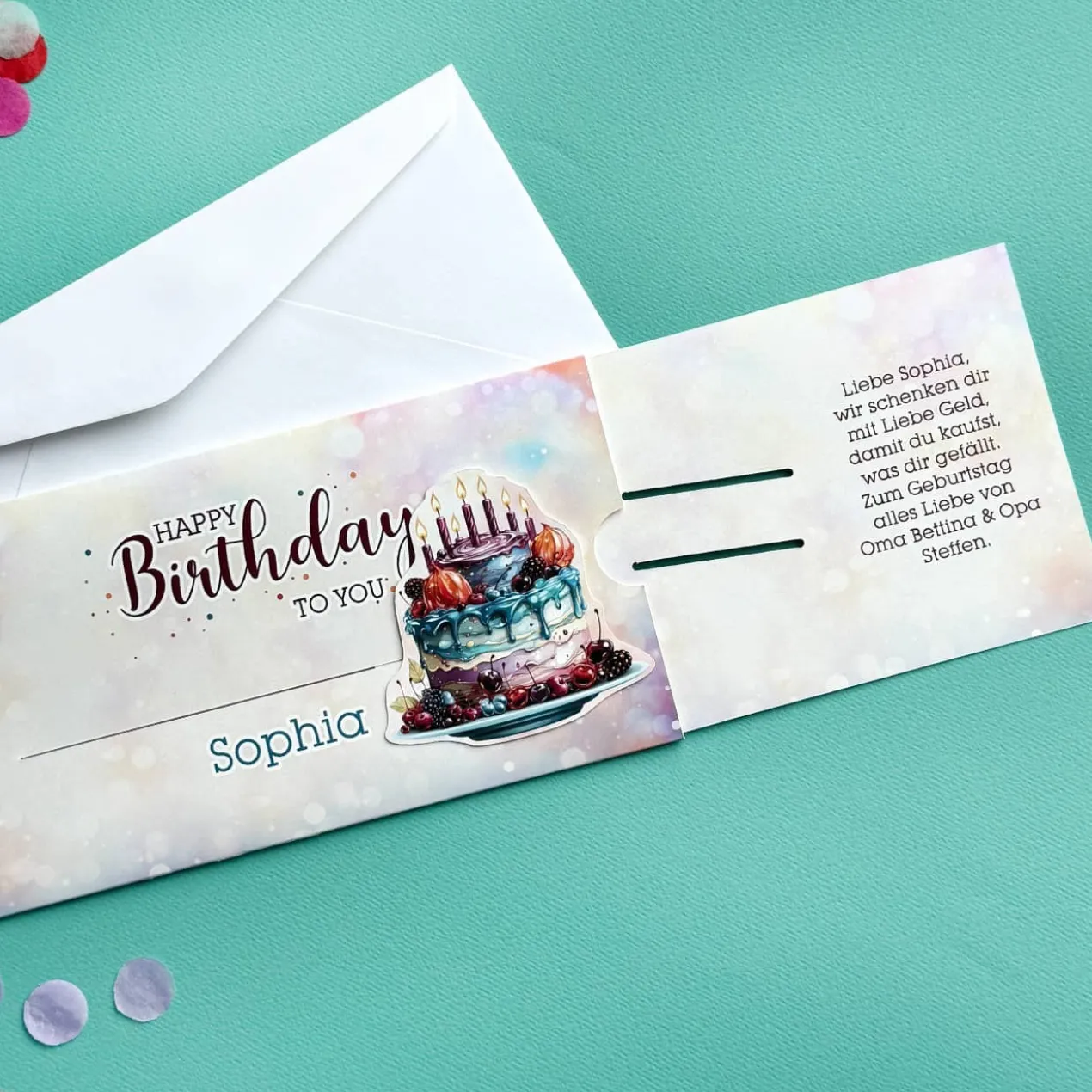 Happy Birthday - Ziehkarte mit Geburtstagstorte für Geldgeschenke