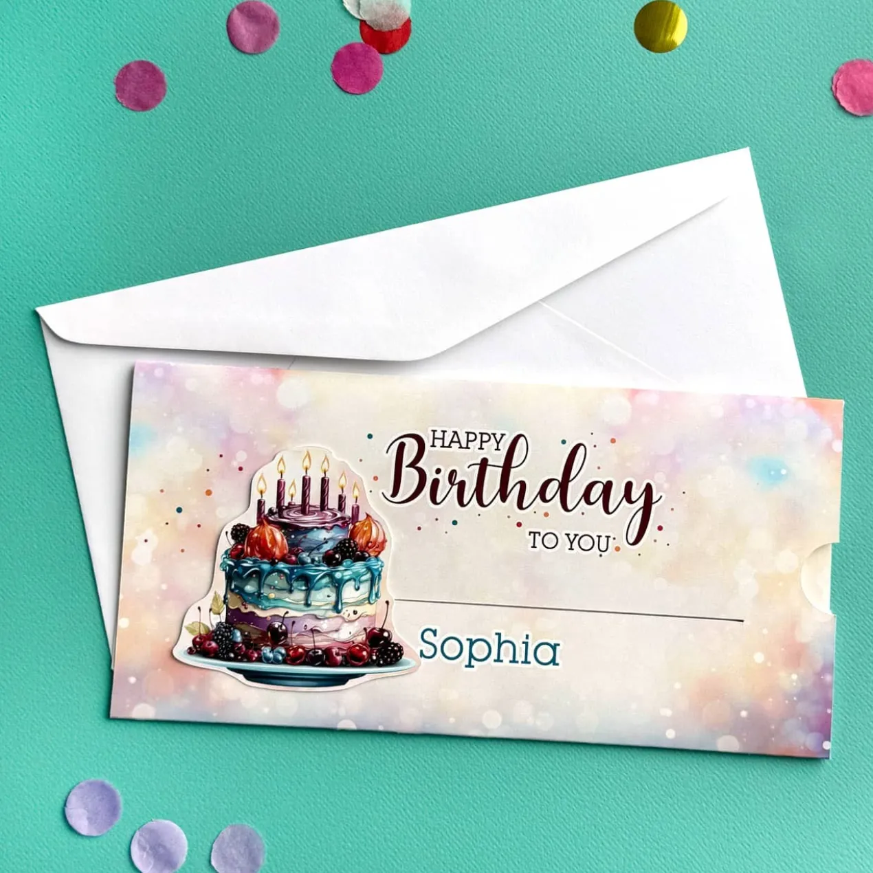 Happy Birthday - Ziehkarte mit Geburtstagstorte für Geldgeschenke