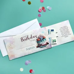 Happy Birthday - Ziehkarte mit Geburtstagstorte für Geldgeschenke