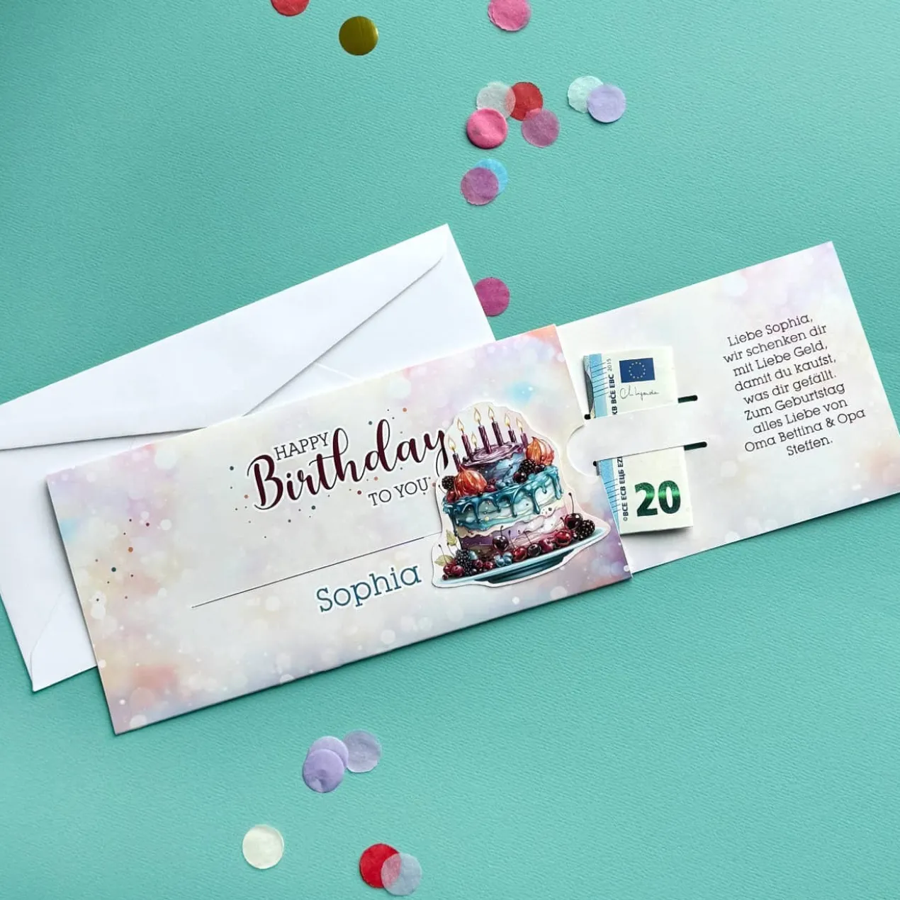 Happy Birthday - Ziehkarte mit Geburtstagstorte für Geldgeschenke