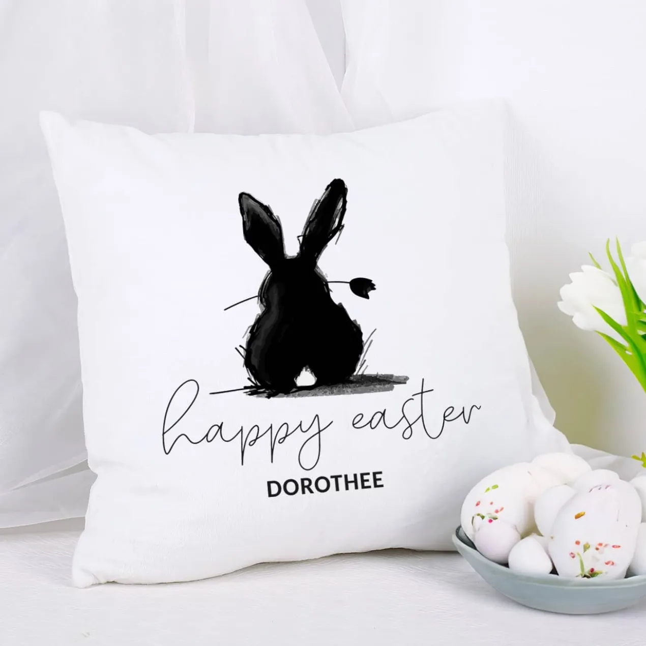 Happy Easter - Flauschkissen mit Osterhase & Wunschtext