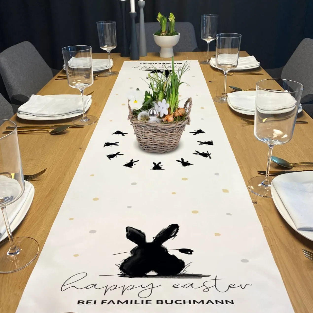 Happy Easter - Tischläufer mit Hase und Wunschtext in 2 Größen verfügbar