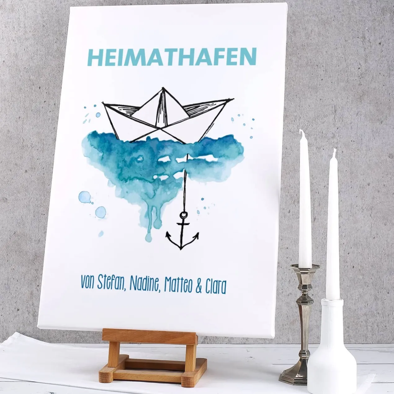 Heimathafen - Leinwand mit Papierschiffchen, Anker und Wunschtext 60x40cm