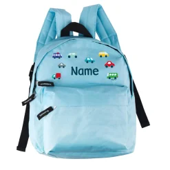 Hellblauer Kindergartenrucksack mit bunten Autos und Namensaufdruck