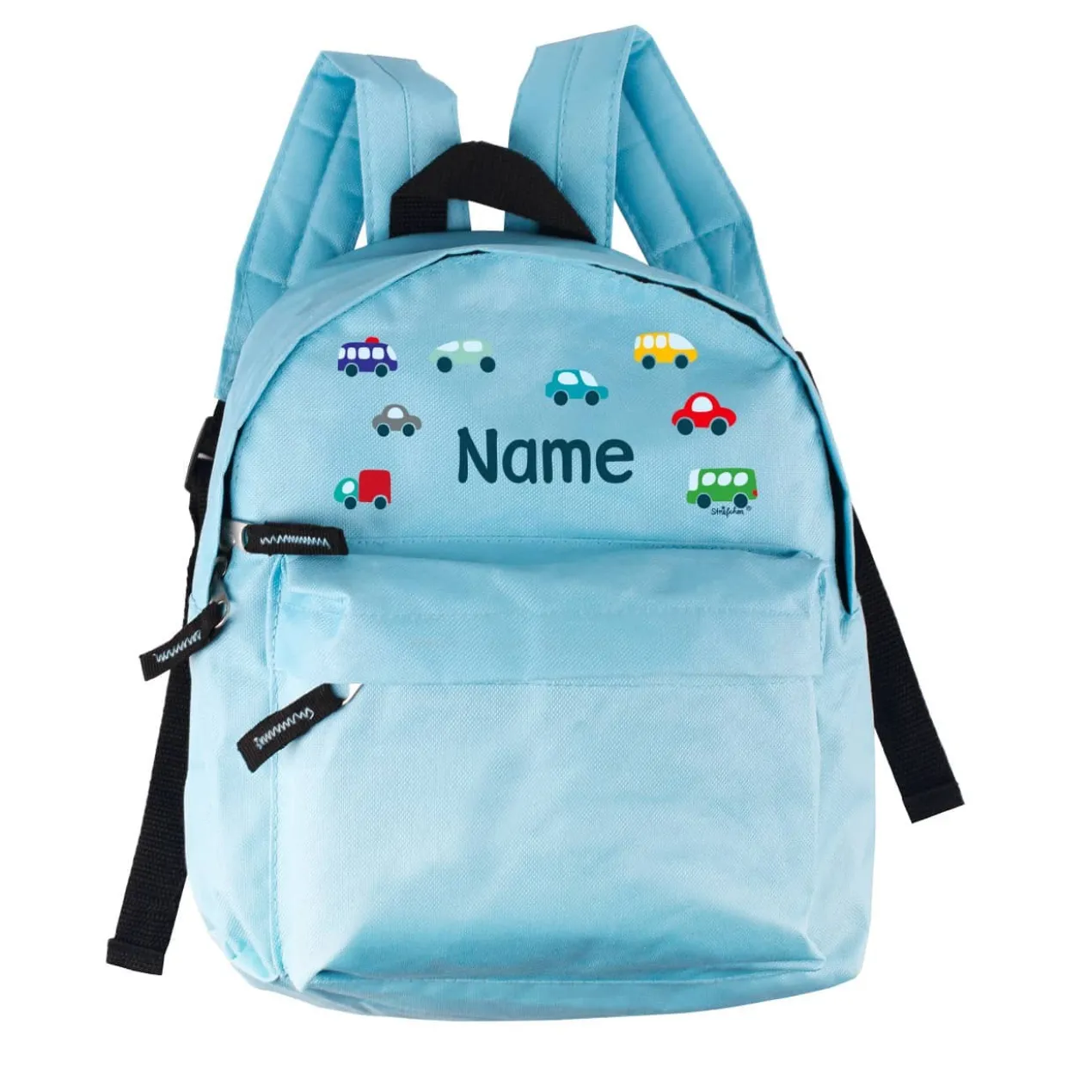 Hellblauer Kindergartenrucksack mit bunten Autos und Namensaufdruck